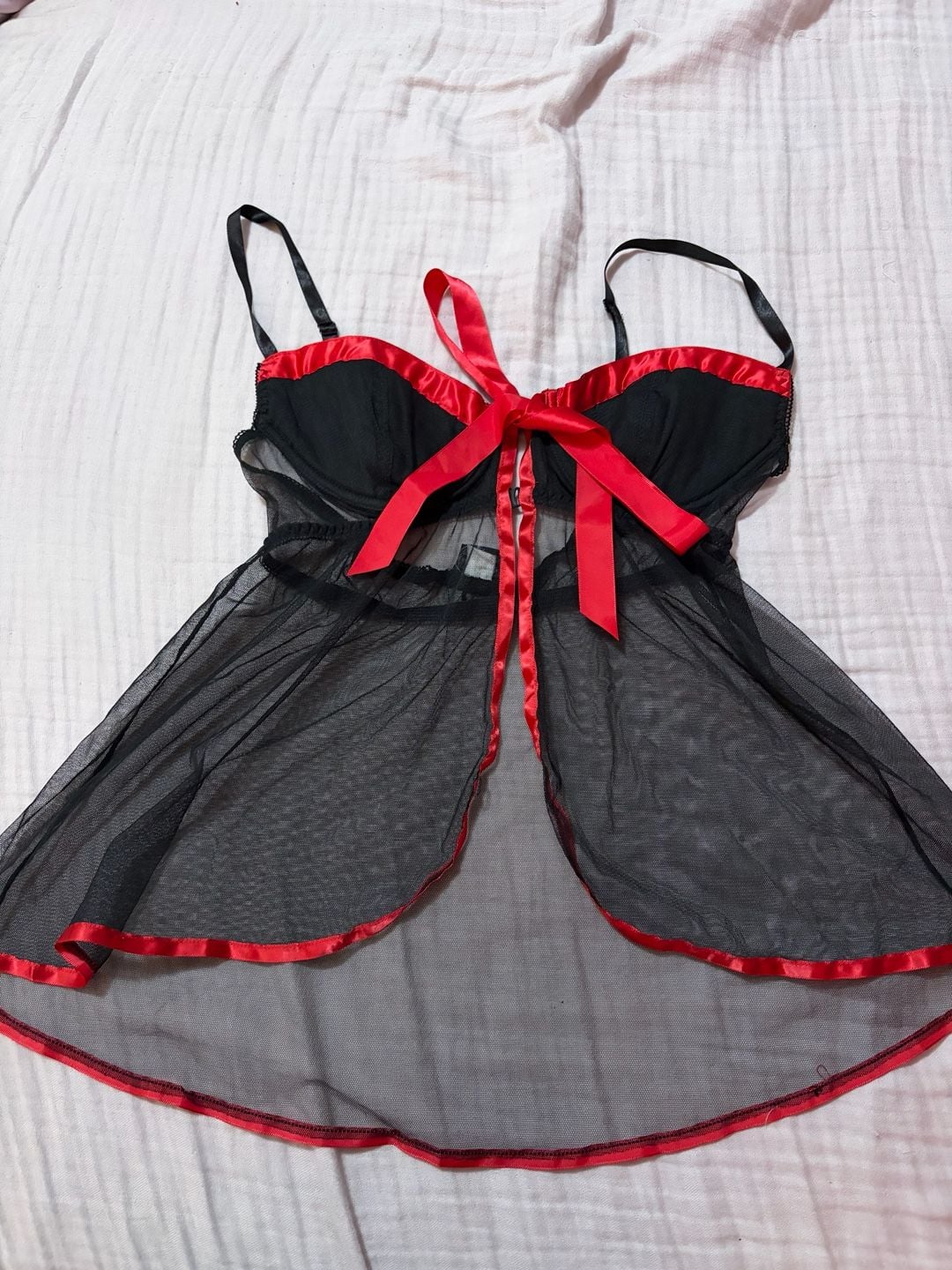 Vintage Style Mesh Babydoll Lingerie with Red Ribbon Front Closure 1