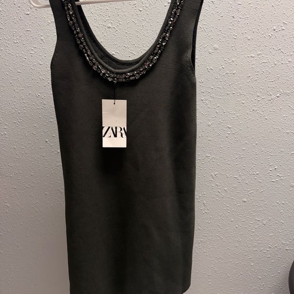 Zara Jewel Ribbed Knit Mini Dress with Rhinestone Embellished Neckline
