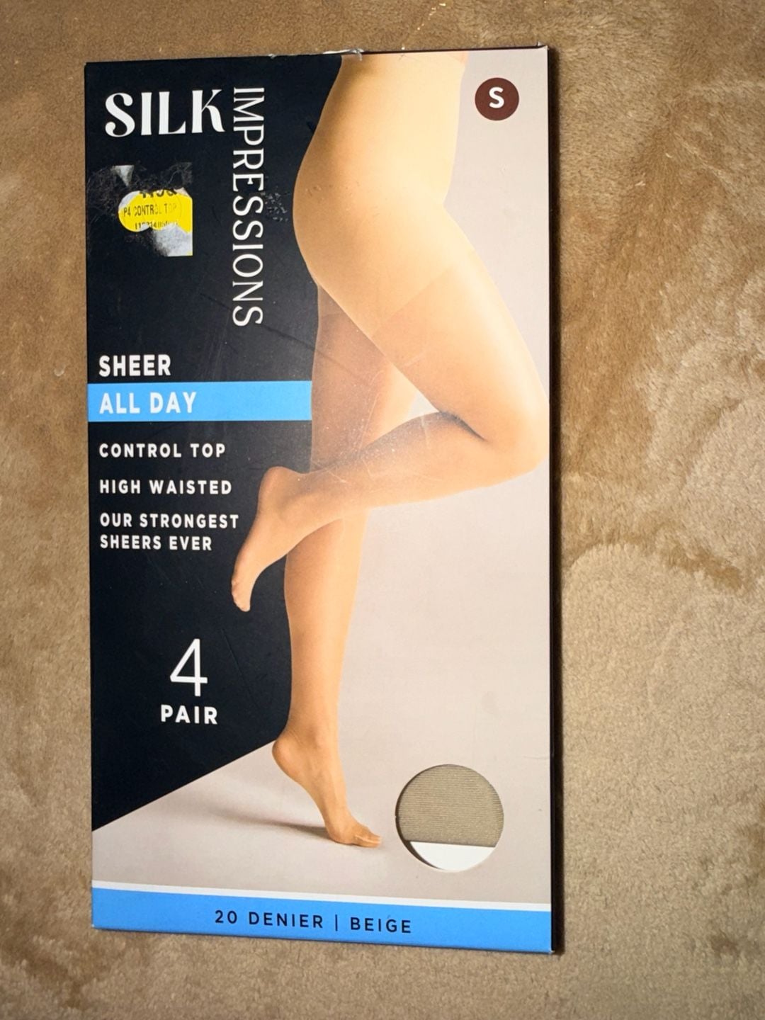 Silk Impressions 20 Denier Sheer All Day Control Top Pantyhose, 4 Pack, Size S, Beige 1