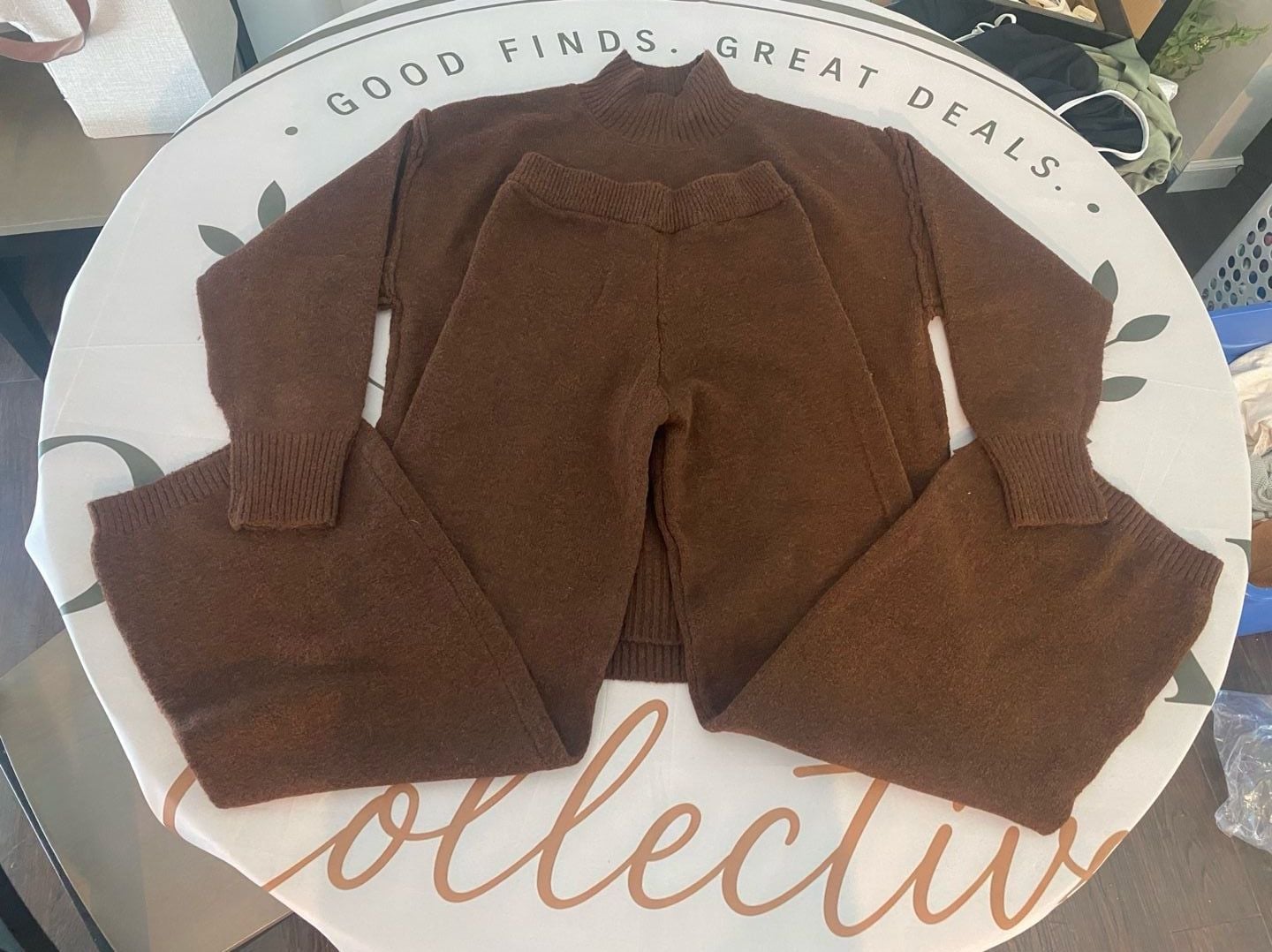 Women's Brown Mock Neck Knit Sweater and Matching Pants Lounge Set 3