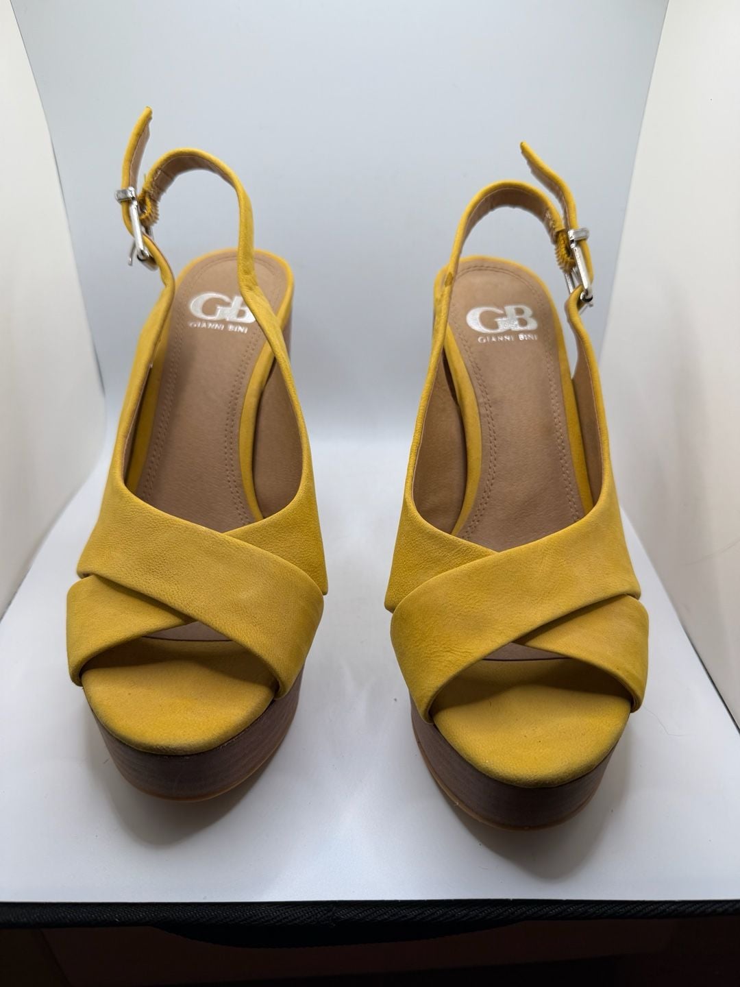 Gianni Bini Mustard Yellow Suede Slingback Platform Block Heel Sandals 8.5 1