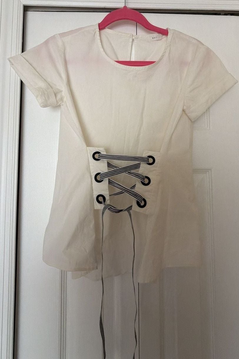 Socialite White Short Sleeve Corset Lace-Up Detail T-Shirt Blouse 1