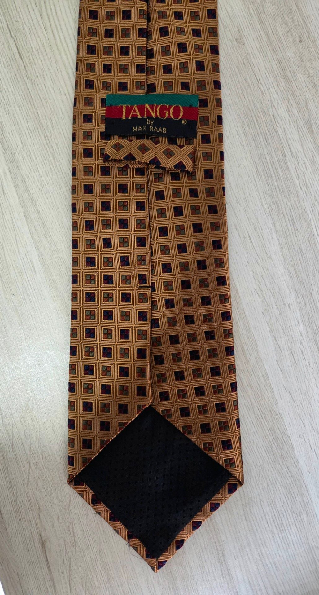 Tango by Max Raab Men's Gold and Black Geometric Square Pattern Necktie 2