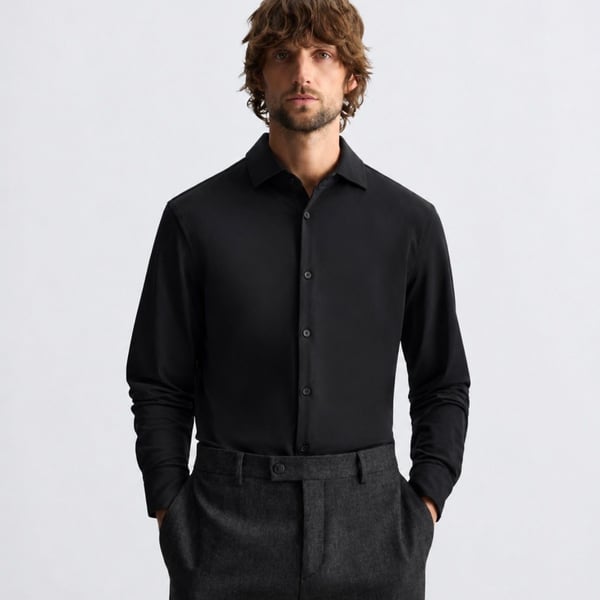 Zara Man Slim Fit Black Dress Shirt Medium Button Front Spread Collar