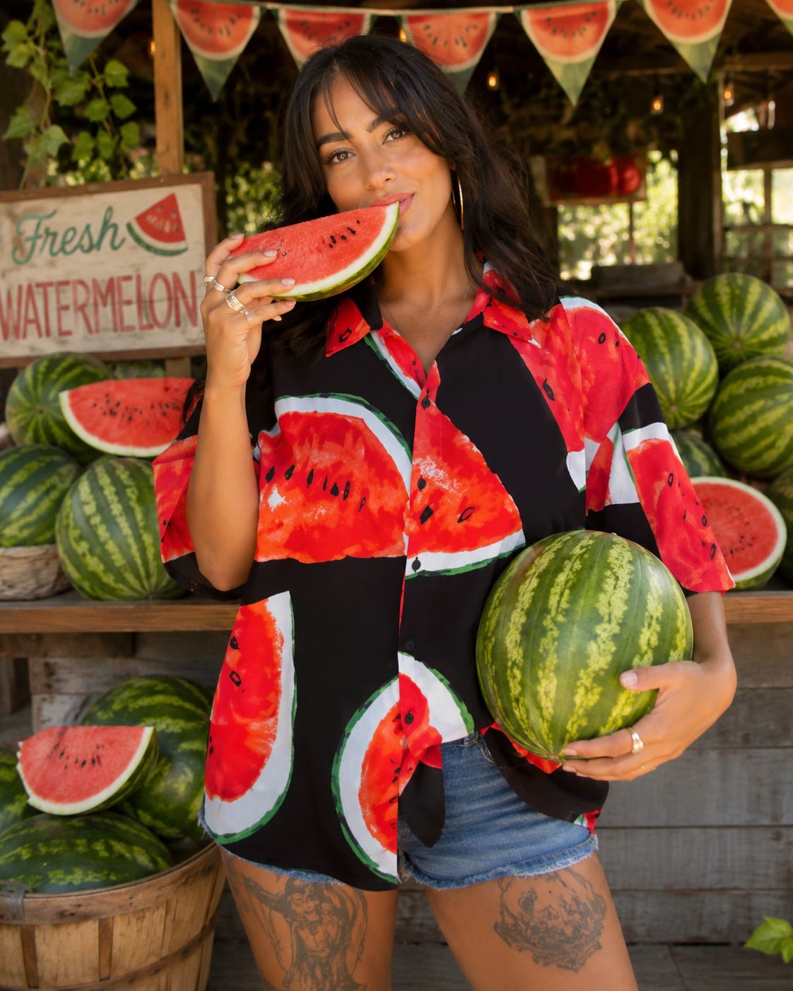 No Boundaries Men's Watermelon Print Short Sleeve Rayon Button-Down Shirt Sz.M 2
