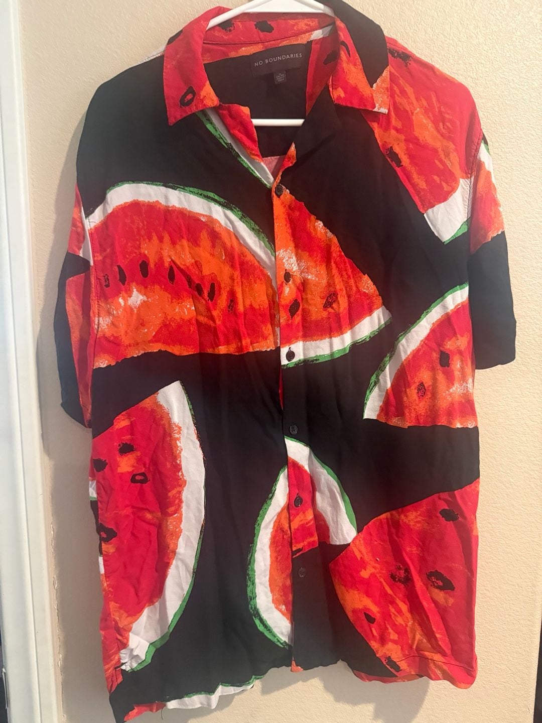 No Boundaries Men's Watermelon Print Short Sleeve Rayon Button-Down Shirt Sz.M 6