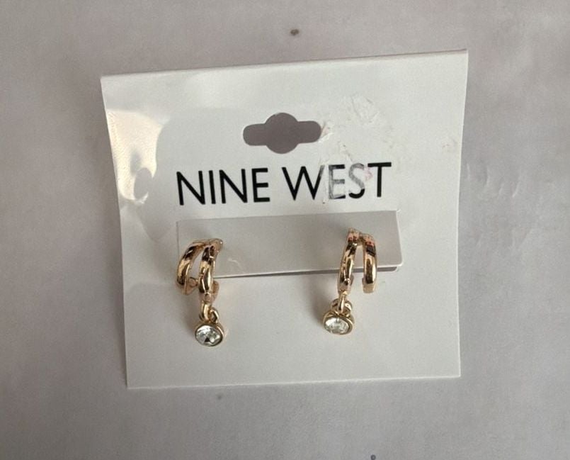 Nine West Gold Tone Hoop Earrings with Crystal Drop Charm 1