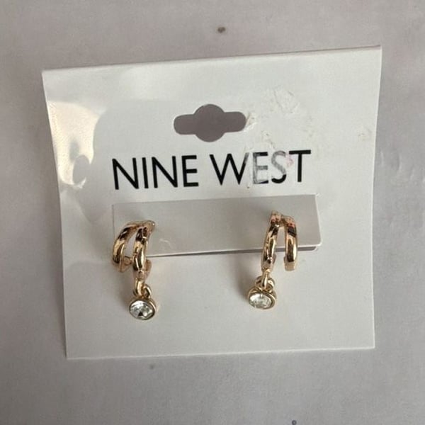 Nine West Gold Tone Hoop Earrings with Crystal Drop Charm