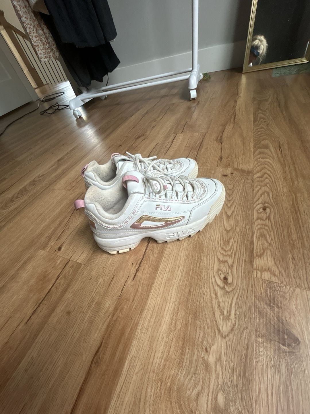 Fila Disruptor II Premium Repeat Sneakers White/Pink/Gold Women's Size 7 4