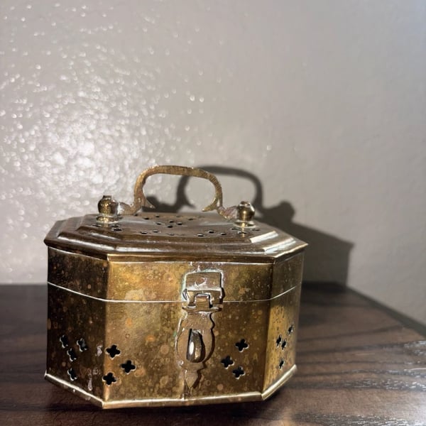 Vintage Pierced Brass Hexagonal Cricket Box with Hinged Lid and Handle