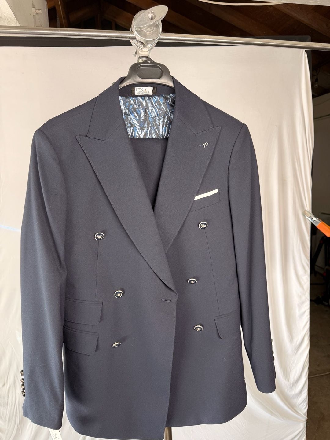 Sherino Men's Double-Breasted Navy Suit with Crest Buttons, Made in Turkey 1