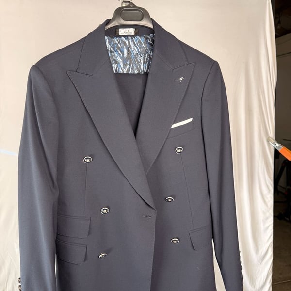 Sherino  Men's Double-Breasted Navy Suit with Crest Buttons, Made in Turkey