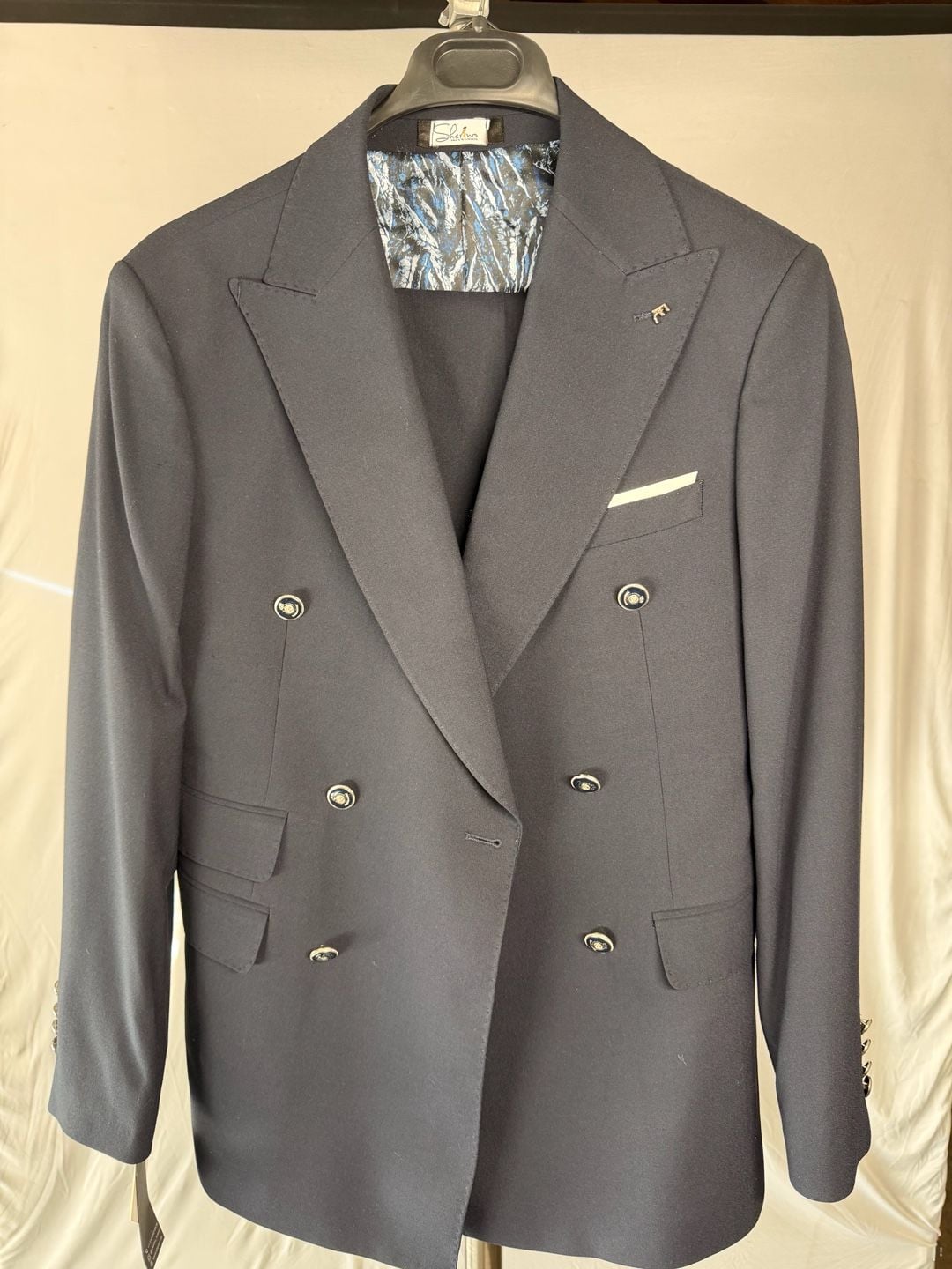 Sherino Men's Double-Breasted Navy Suit with Crest Buttons, Made in Turkey 3