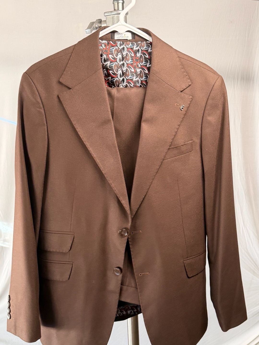 Sherino Brown Two-Piece Suit with Patterned Lining 1