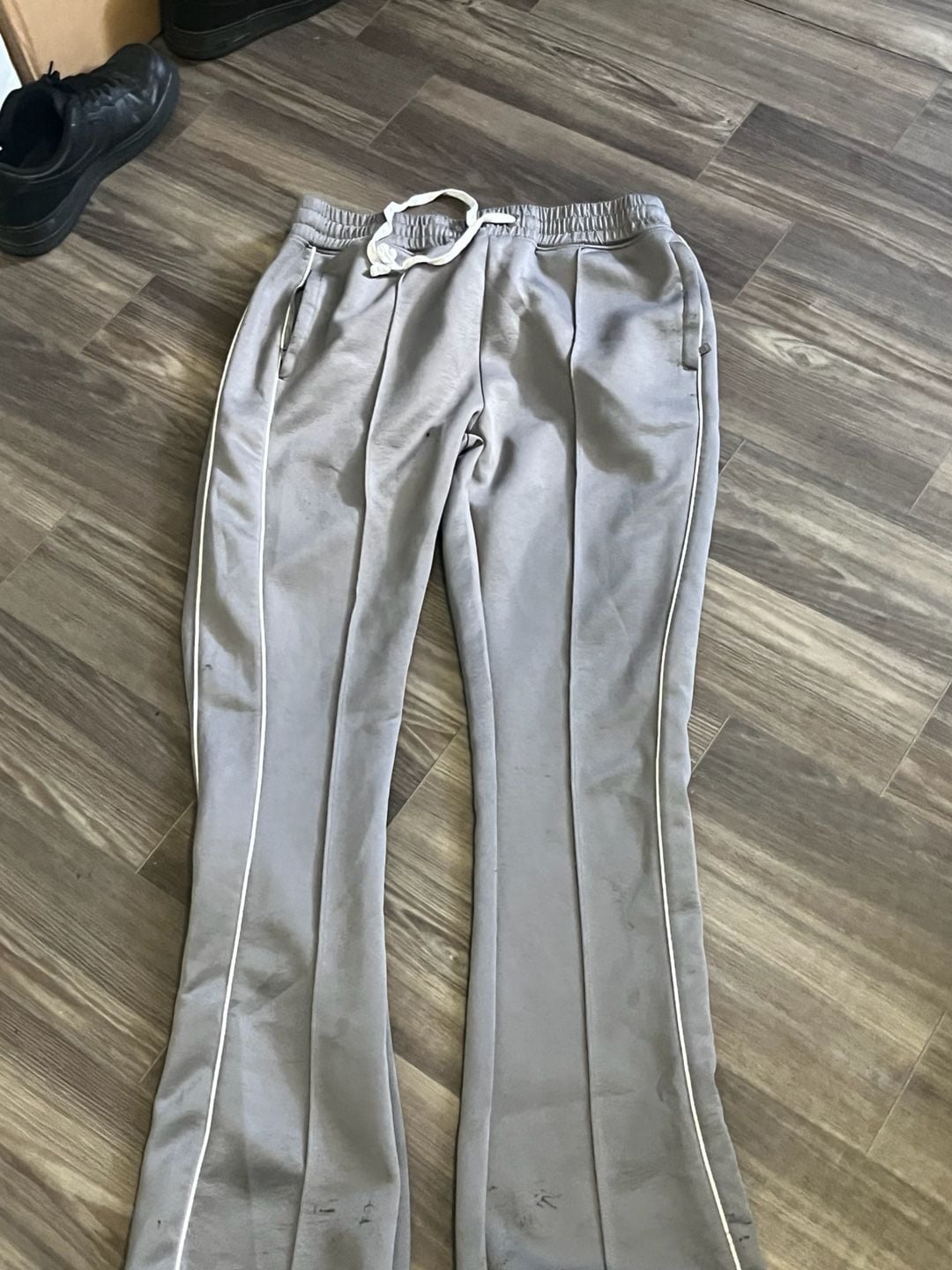 Grey & white track pants with drawstring waist #athleisure #tracksuit. 1