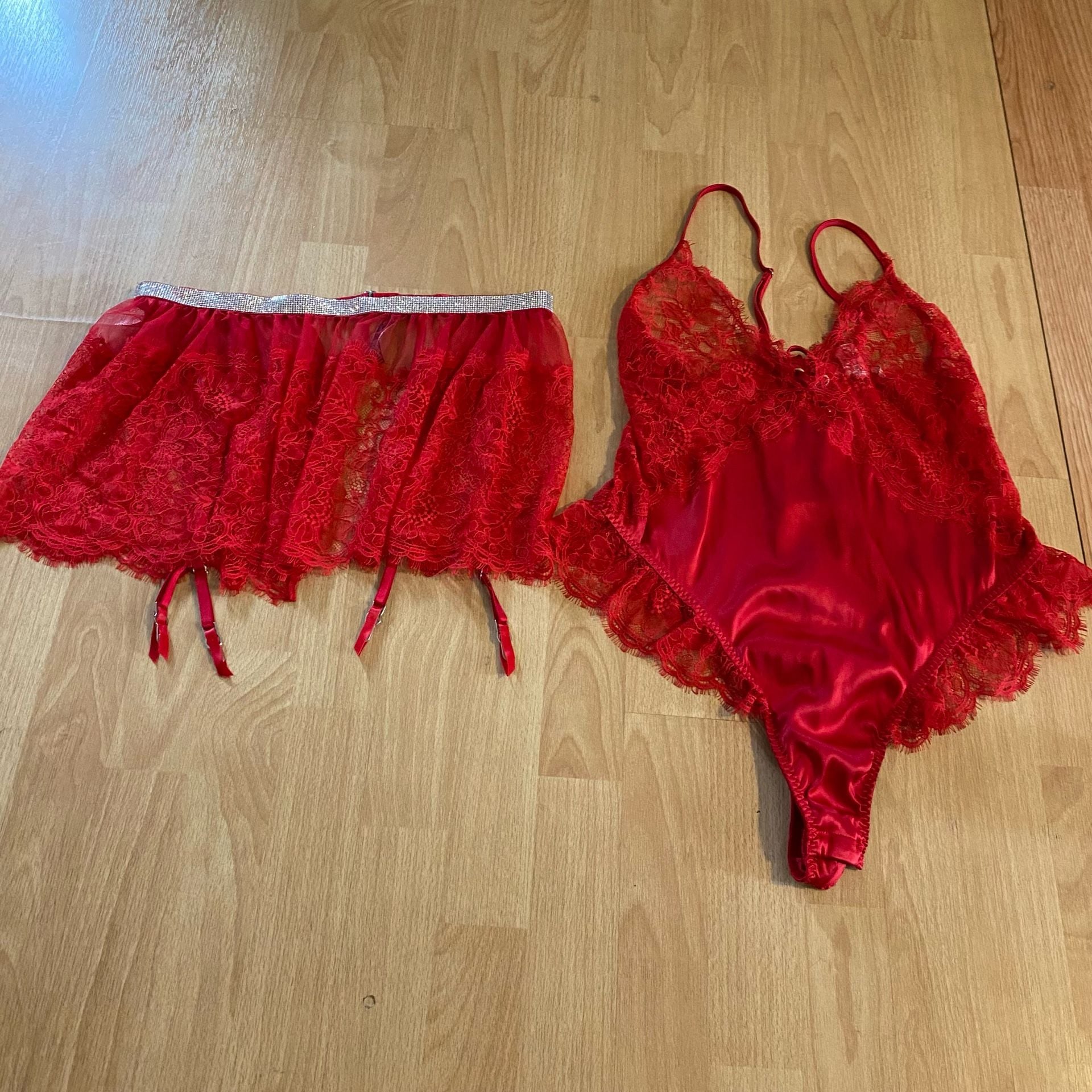 Victoria's Secret Lace and Satin Teddy Bodysuit with Garter Skirt Set 1