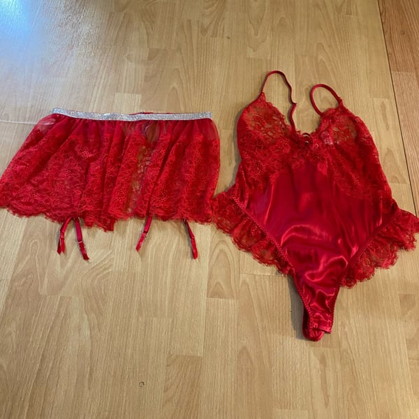 Victoria's Secret Lace and Satin Teddy Bodysuit with Garter Skirt Set