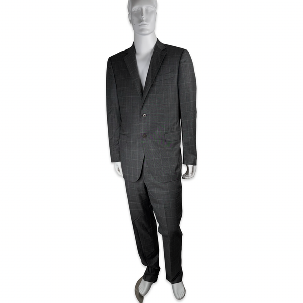M. Penner Houston Grey Windowpane Plaid Wool Suit 46R Jacket / 37W x 31.5L Pants