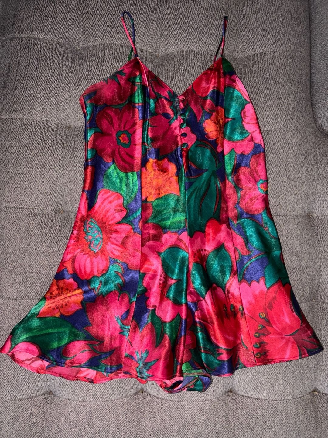 Vintage Cacique Floral Satin Chemise Mini Lingerie Slip Dress 1