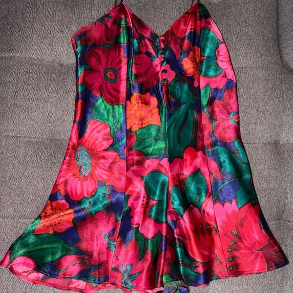 Vintage Cacique Floral Satin Chemise Mini Lingerie Slip Dress