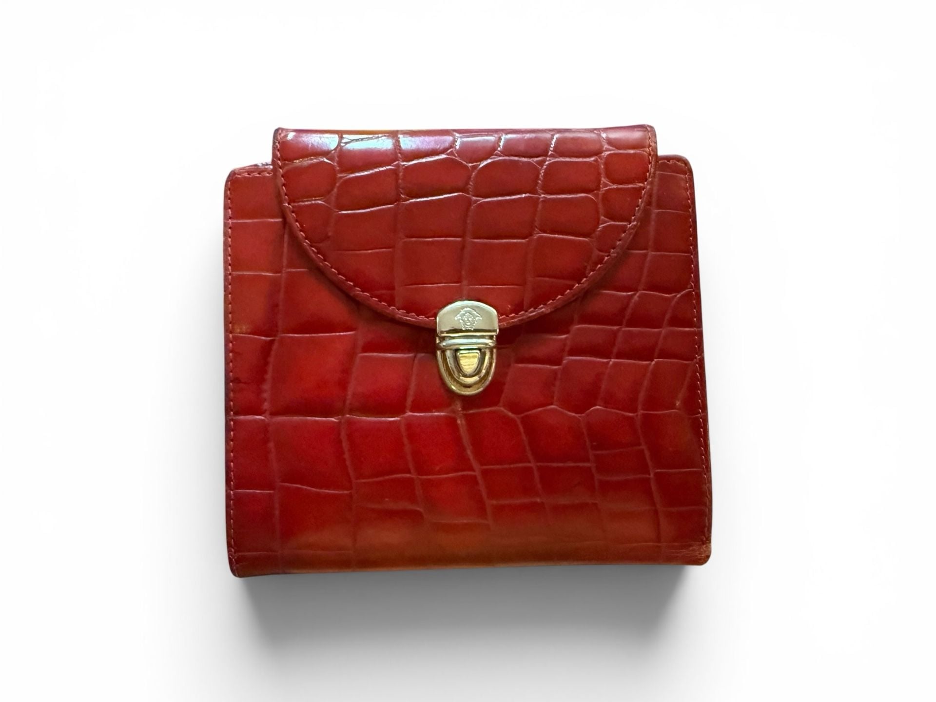 Gianni Versace Vintage Red Croc Embossed Leather Bifold Wallet Gold Medusa Clasp 2