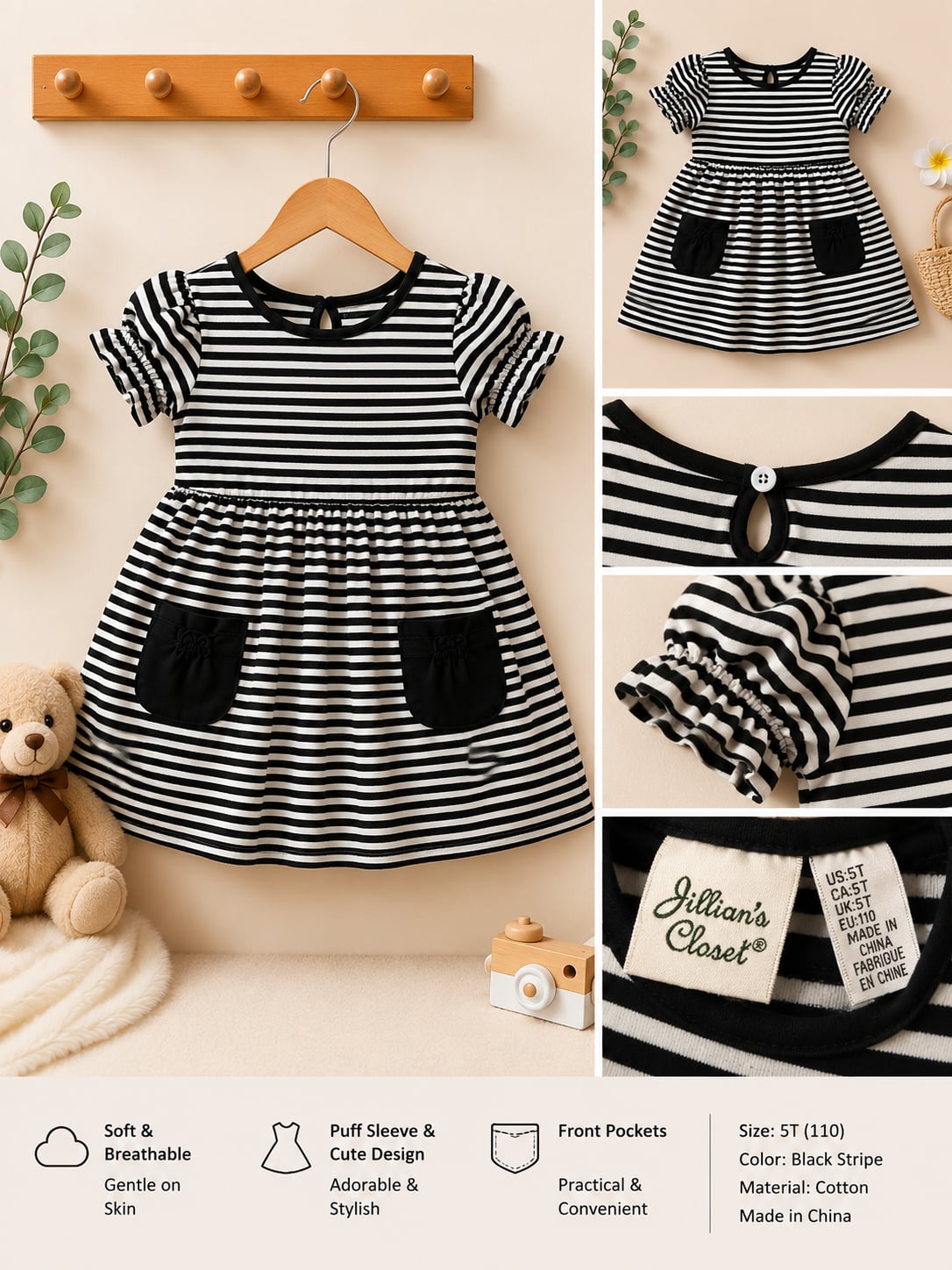 Jillian's Closet Toddler Girl Black and White Striped Puff Sleeve Dress with Pockets 2