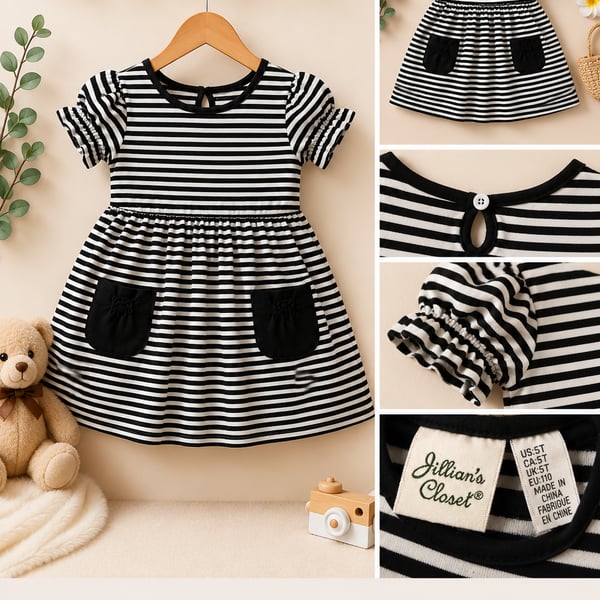Jillian's Closet Toddler Girl Black and White Striped Puff Sleeve Dress with Pockets