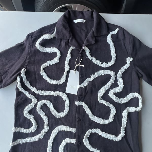 Zara Black Embroidered Texture Short Sleeve Cuban Shirt