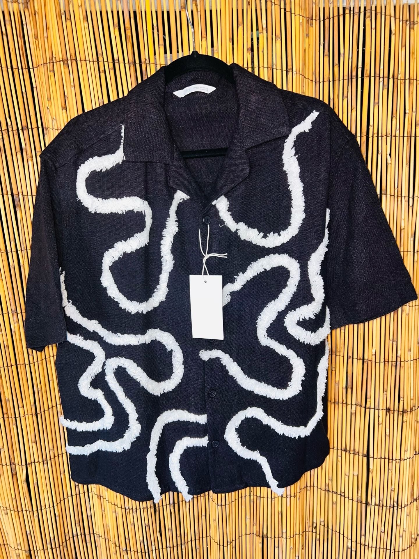Zara Black Embroidered Texture Short Sleeve Cuban Shirt 9