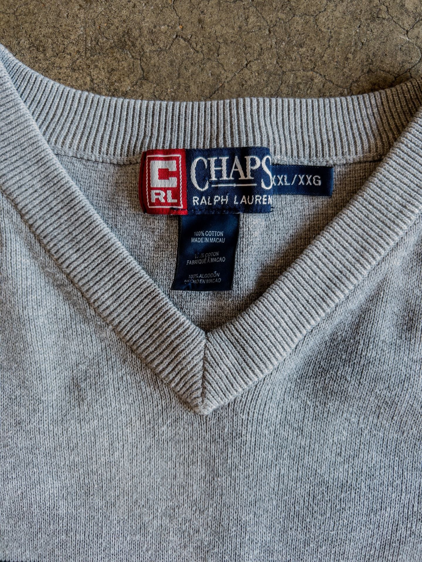 Chaps Polo Ralph Lauren L/XL Mens V-Neck Long Sleeve Knit Y2k Sweater Grey With Navy Stripes 3
