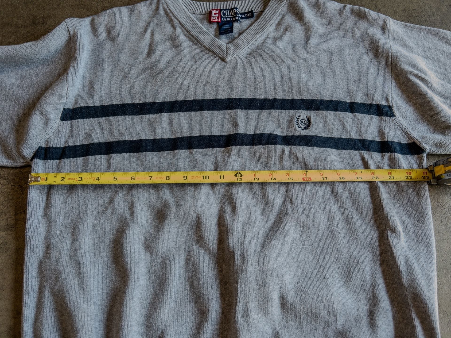 Chaps Polo Ralph Lauren L/XL Mens V-Neck Long Sleeve Knit Y2k Sweater Grey With Navy Stripes 5