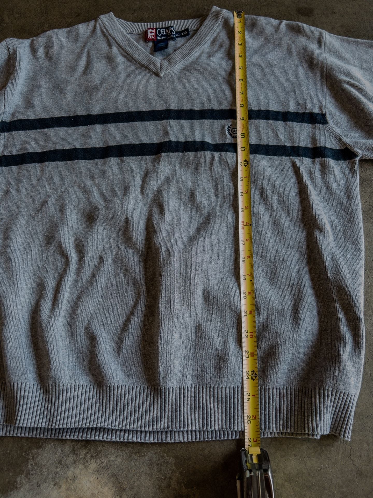 Chaps Polo Ralph Lauren L/XL Mens V-Neck Long Sleeve Knit Y2k Sweater Grey With Navy Stripes 6