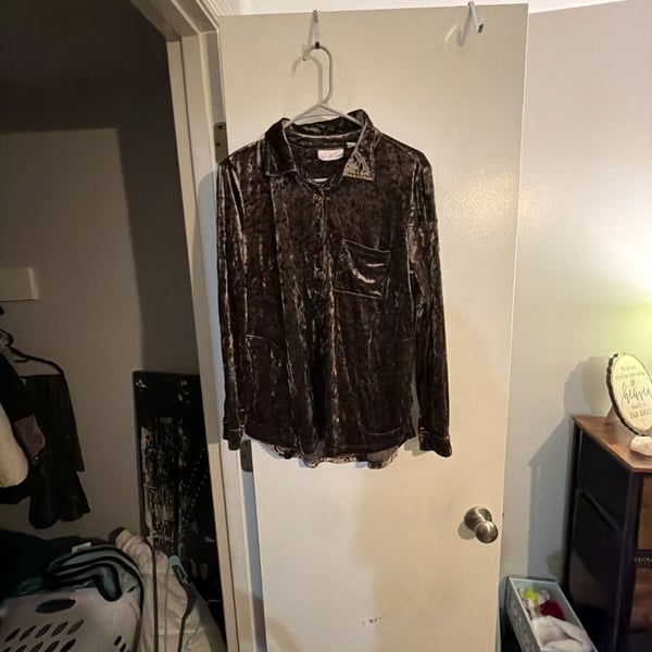 Belle by Kim Gravel Women's Long Sleeve Crushed Velvet Button-Down Shirt