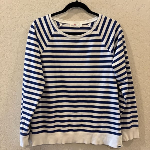 Vineyard Vines Women's Navy and White Striped Long Sleeve Raglan Sweatshirt