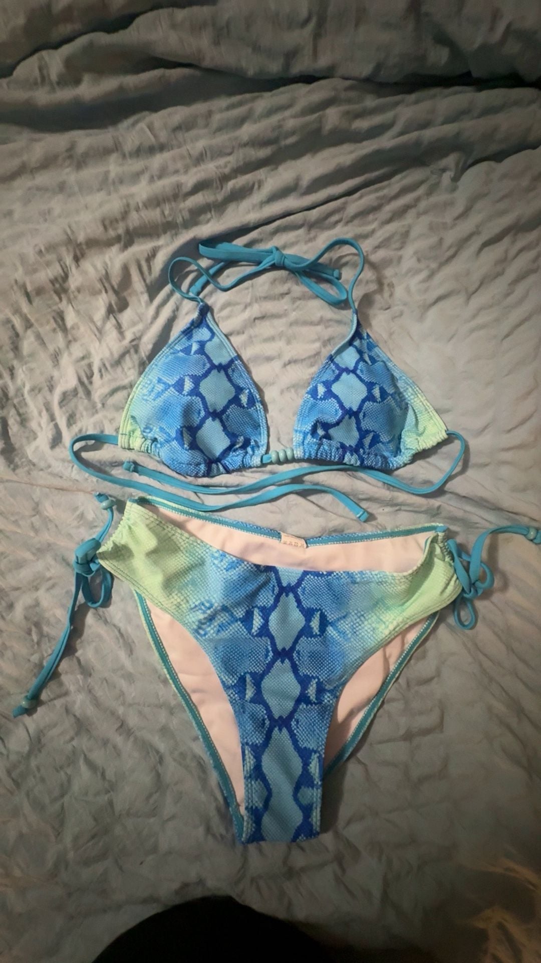 Blue and green tie bikini, snake skin print. 1