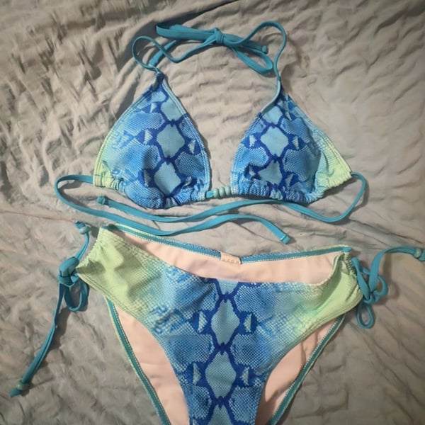 Blue and green tie bikini, snake skin print.