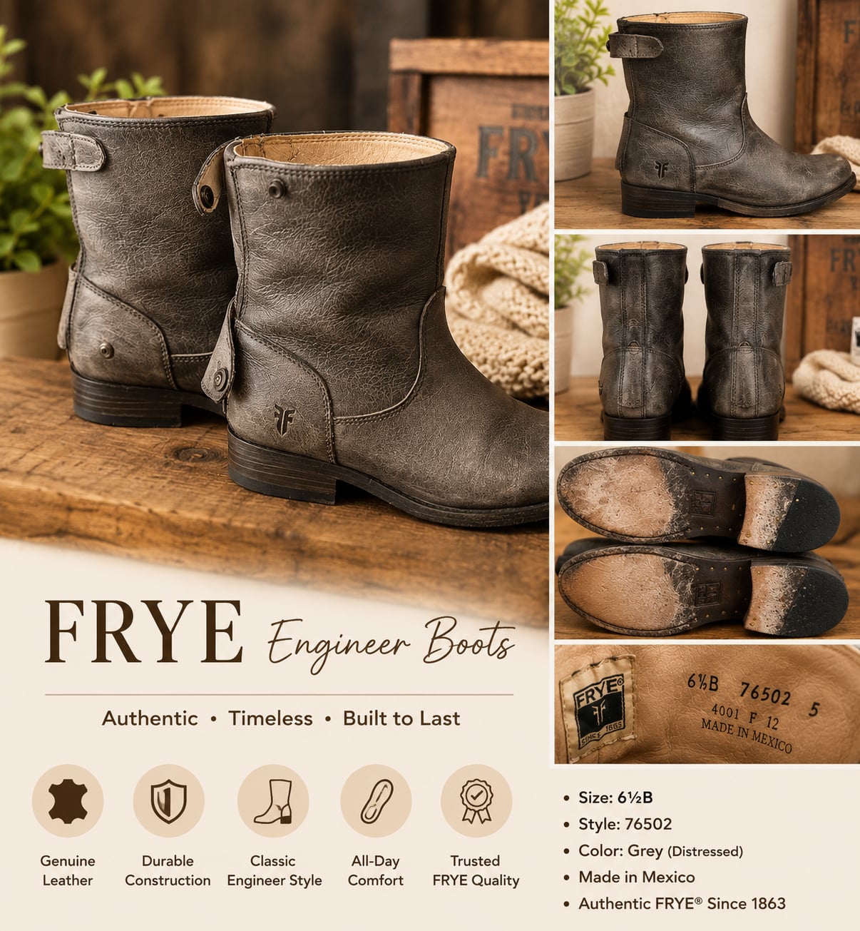 Frye Women's 76502 Distressed Grey Leather Engineer Ankle Boots Size 6.5B 1