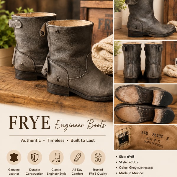 Frye Women's 76502 Distressed Grey Leather Engineer Ankle Boots Size 6.5B
