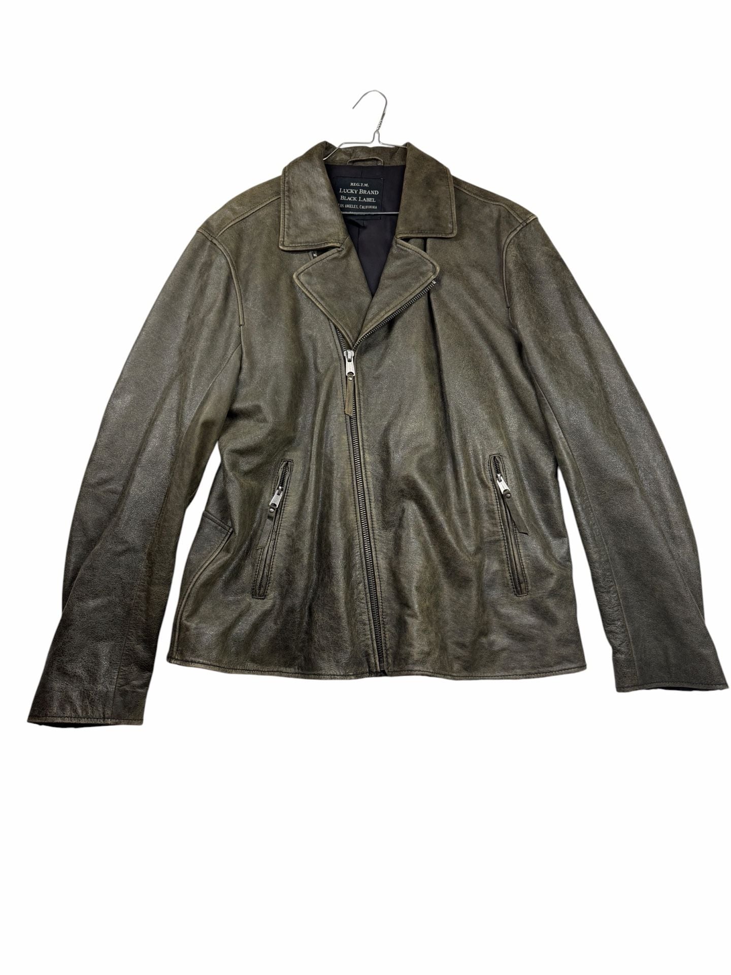 Lucky Brand Black Label Leather Moto Jacket Olive Distressed XL Cow Leather 2