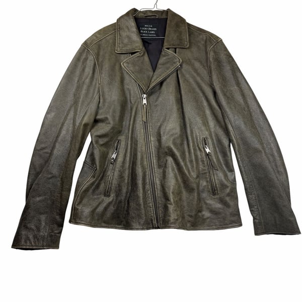 Lucky Brand Black Label Leather Moto Jacket Olive Distressed XL Cow Leather