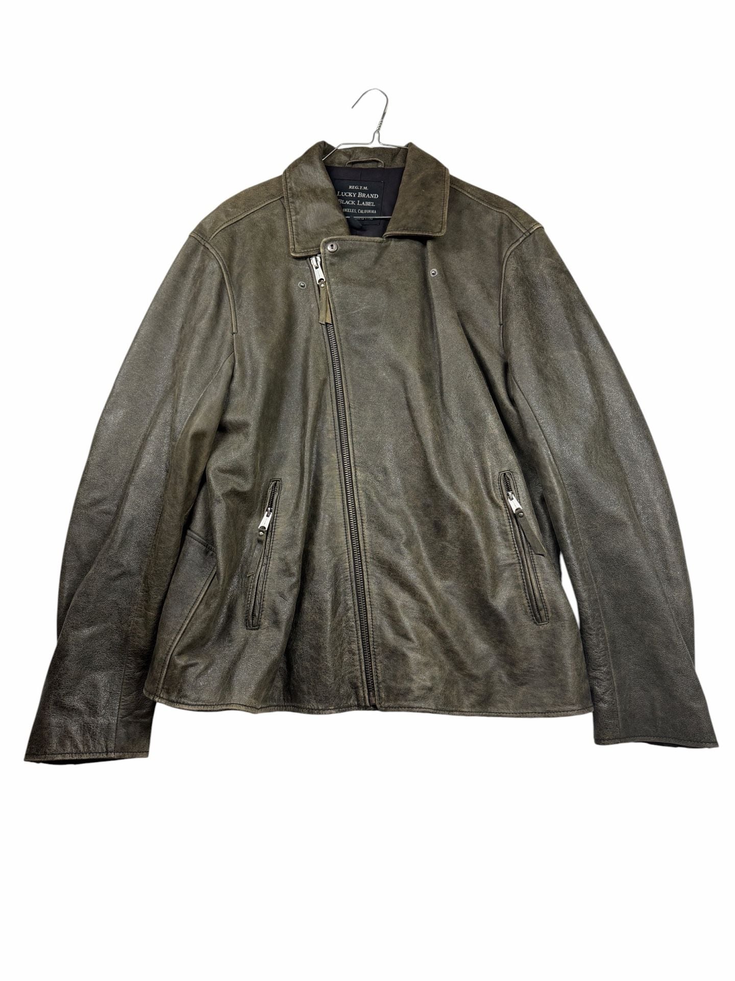 Lucky Brand Black Label Leather Moto Jacket Olive Distressed XL Cow Leather 3