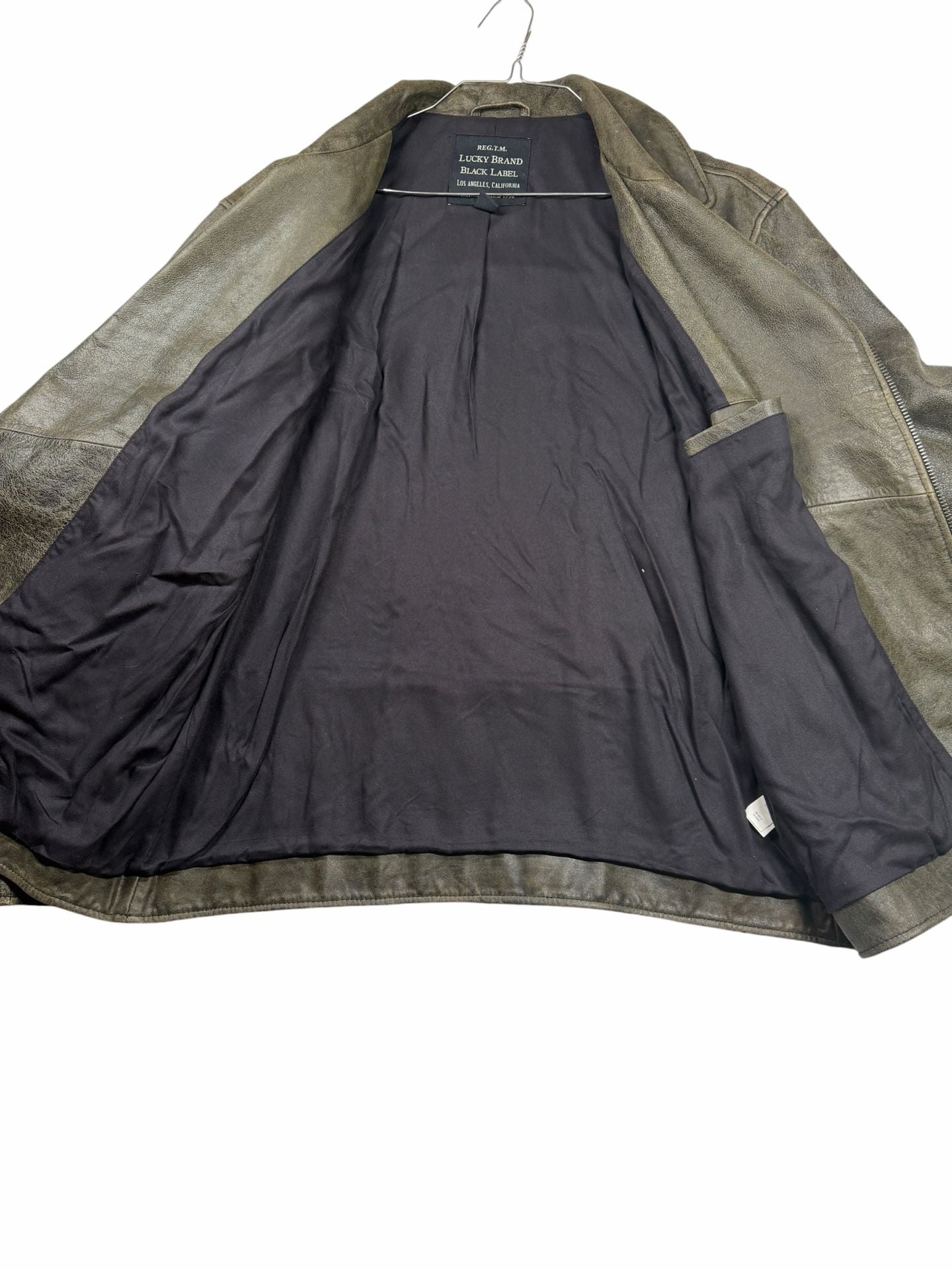 Lucky Brand Black Label Leather Moto Jacket Olive Distressed XL Cow Leather 5