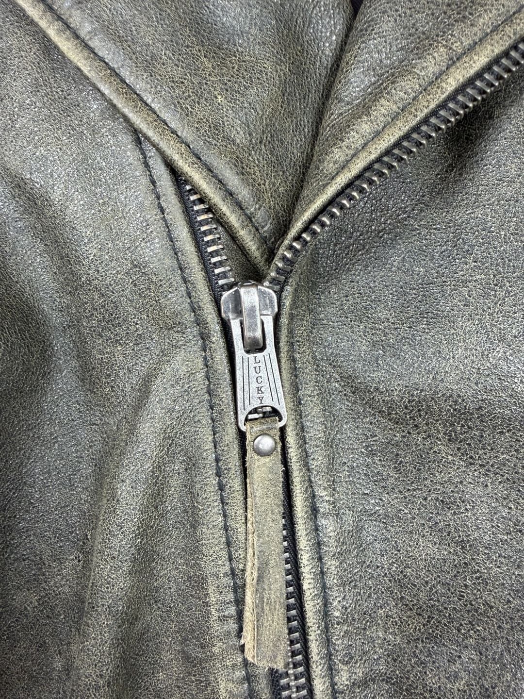 Lucky Brand Black Label Leather Moto Jacket Olive Distressed XL Cow Leather 7