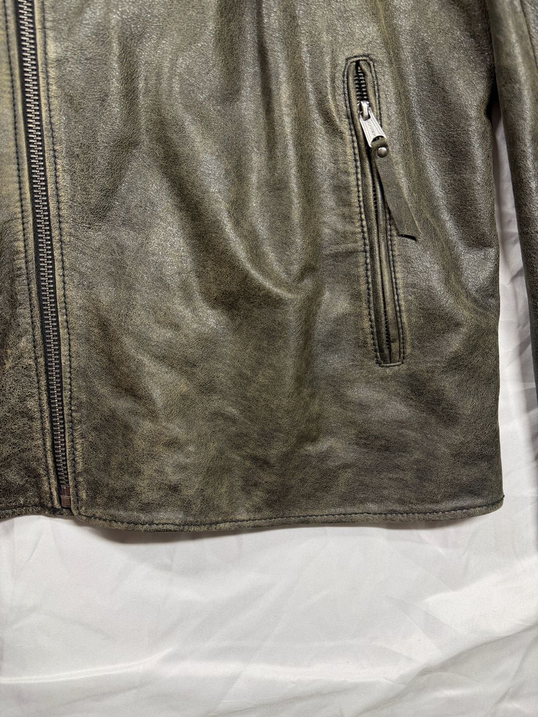 Lucky Brand Black Label Leather Moto Jacket Olive Distressed XL Cow Leather 8
