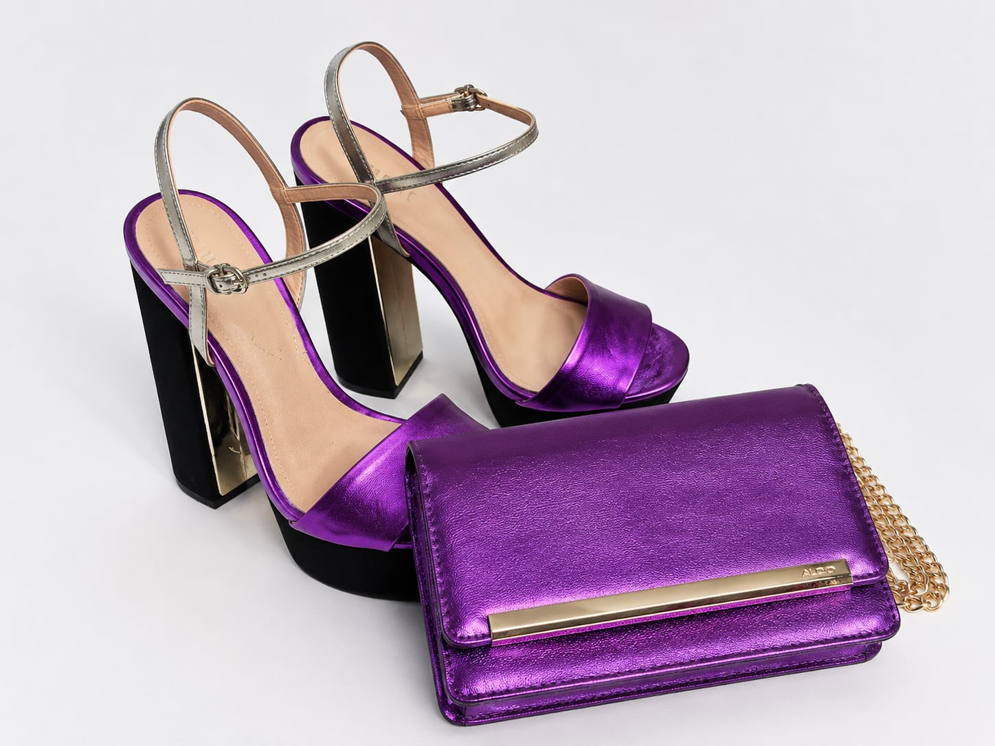 ALDO Metallic Purple Ankle Strap Platform Heels and Matching Clutch Bag Set 1