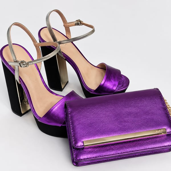 ALDO Metallic Purple Ankle Strap Platform Heels and Matching Clutch Bag Set