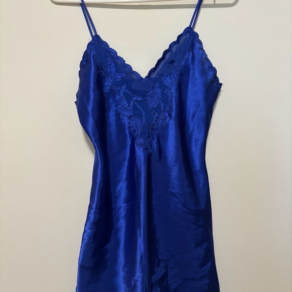 Vintage Val Mode Lingerie Royal Blue Satin Chemise with Embroidered Lace V-Neck