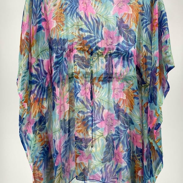 Sunflower Style CHT-108 Tropical Floral Sheer Drawstring Swim Cover-Up Kaftan