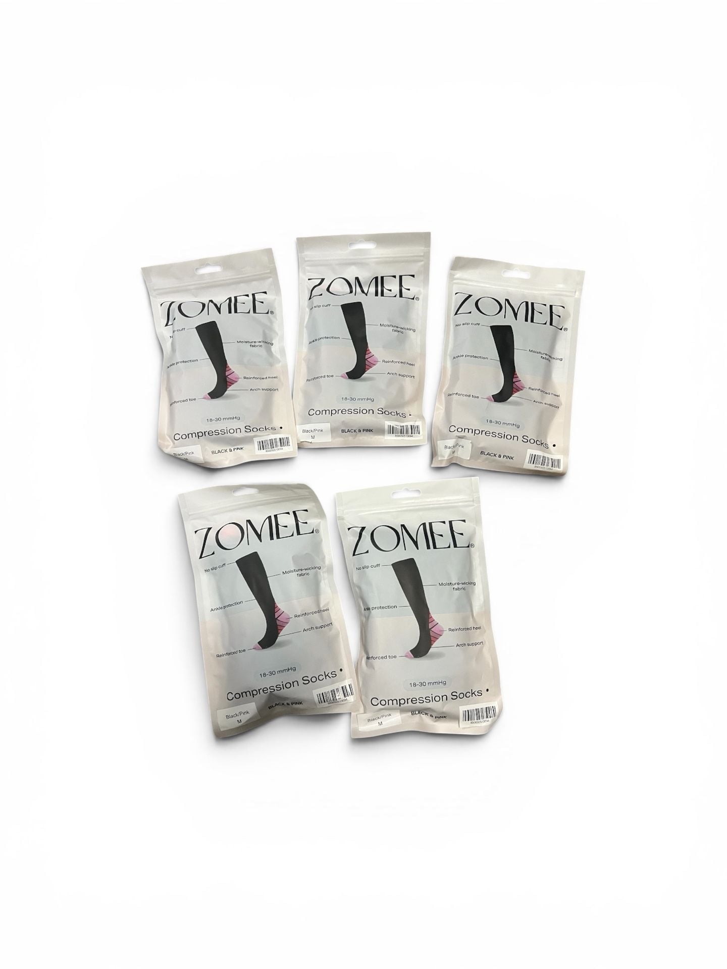 Zomee 18-30 mmHg Compression Socks (Black/Pink, Size M) - 5 Pack 1