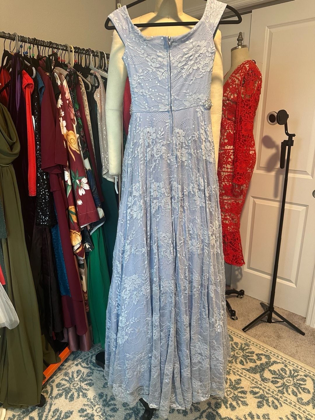 Blue Lace Sleeveless Floor Length Evening Gown with Beaded Waist Size 3 7